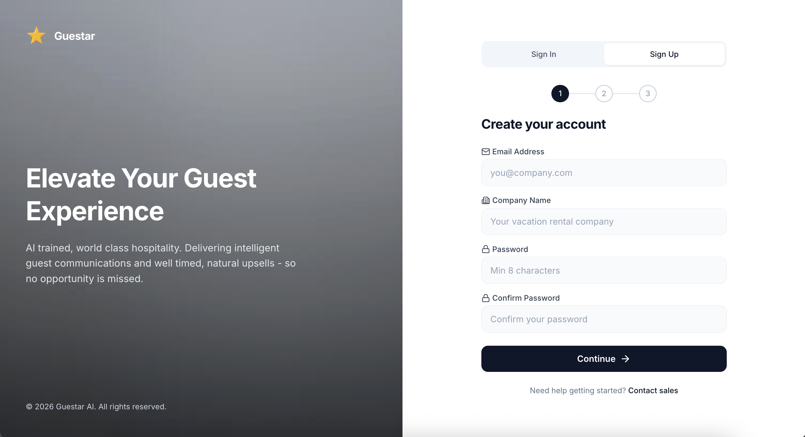 Guestar Create Account Screen