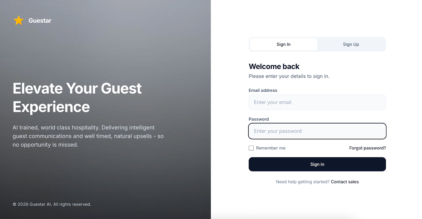 Guestar Login Screen